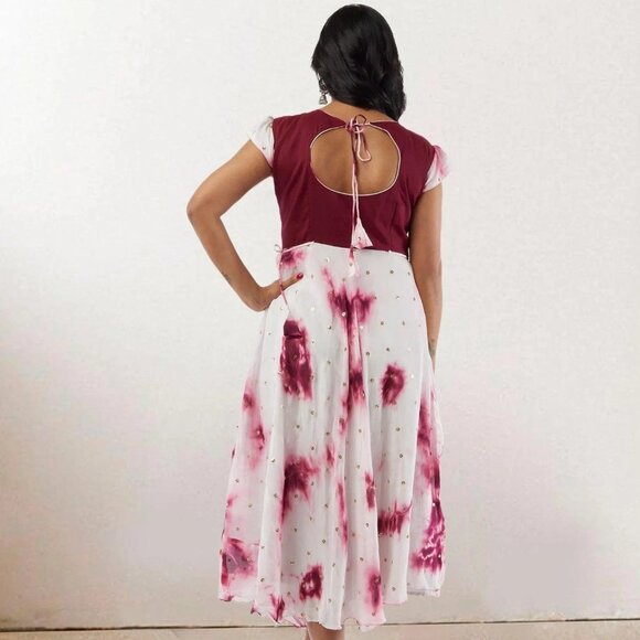 Elegant White Maroon Shibori Layered Dress | Muvvas Boutique - Picture 3 of 3
